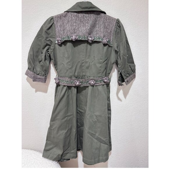 Forest Green Flower Motif Trench Coat - Picture 2 of 4